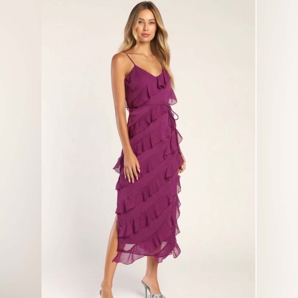 Lulus Love the Look Purple Tiered Ruffle Midi Dress